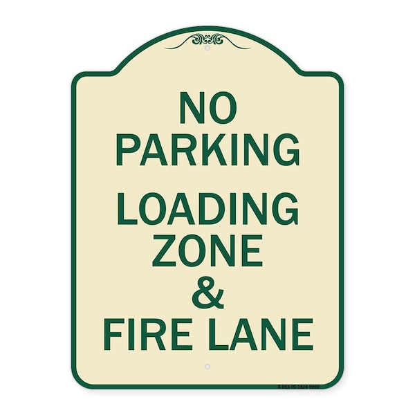 Designer Series-No Parking Loading Zone & Fire Lane Tan & Green Alum, 24" x 18", TG-1824-9960